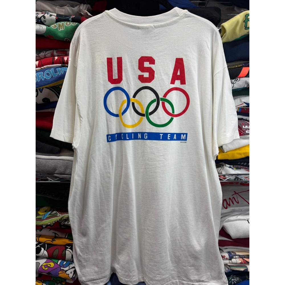 Vintage Hanes Beefy-T USA Cycling Team Olympic Rings T-Shirt Mens XL White 90s